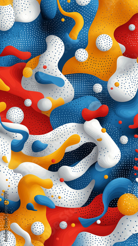 Colorful abstract shapes and patterns blue, red, yellow, and white