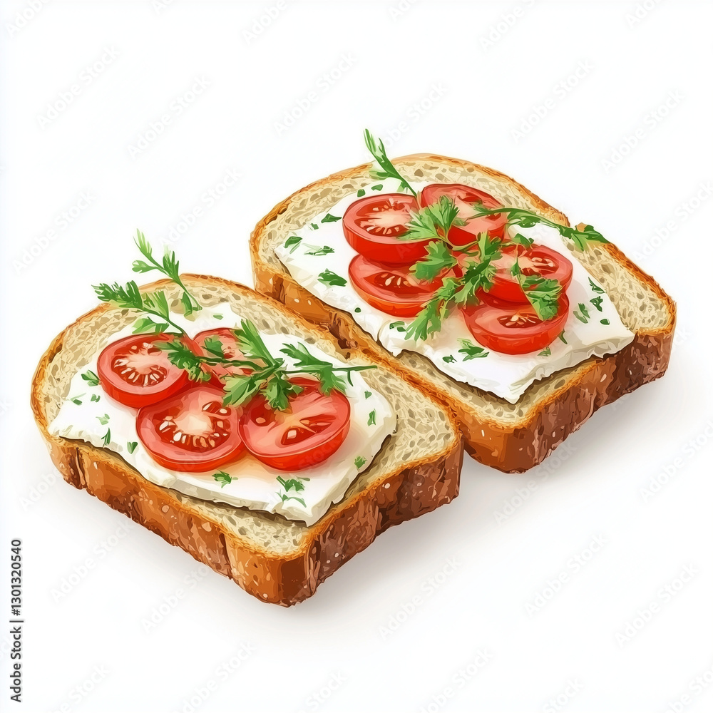 Watercolor Illustration of Tomato and Cheese Sandwiches on Whole Grain Bread with Herbs Watercolor Illustration of Tomato and Cheese Sandwiches on Whole Grain Bread with Herbs