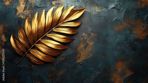 Closeup of a golden palm leaf on a divided dark grey and metallic gold textured background.