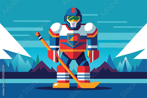 A para ice hockey player stands confidently in a winter landscape, ready for action on the ice, Para ice hockey Customizable Flat Illustration