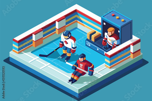 Three para ice hockey players engage in a game on a vibrant, customizable arena layout, Para ice hockey Customizable Isometric Illustration