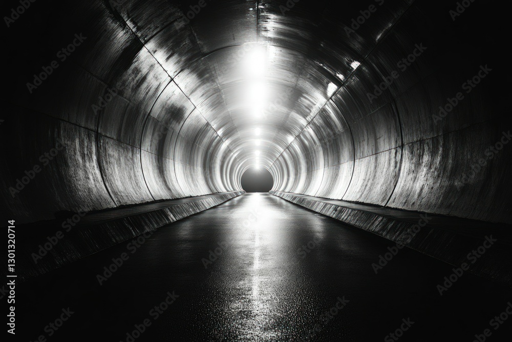 A black and white photograph of a tunnel with a bright light at the end. The tunnel is made of concrete and has a smooth surface. A black and white photograph of a tunnel with a bright light at the end. The tunnel is made of concrete and has a smooth surface.