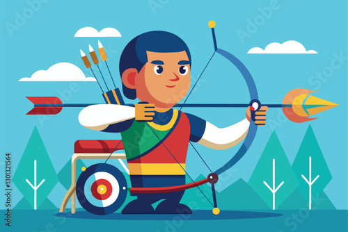 A young archer with a bow and arrow prepares to shoot with determination in a colorful landscape, Paralympic archery Customizable Cartoon Illustration