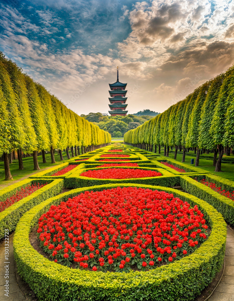 Obraz premium Symmetrical Garden with Red Flowers, Lush Green Trees, and a Traditional Pagoda Under a Partly Cloudy Sky