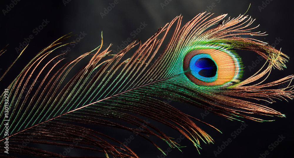 Obraz premium Peacock feather on black or dark background in unreal magic style. Neon lights, soft luminescence