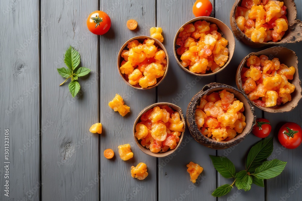 Fototapeta premium Crispy Orange Treat Bites in Small Bowls on Gray Wooden Surface