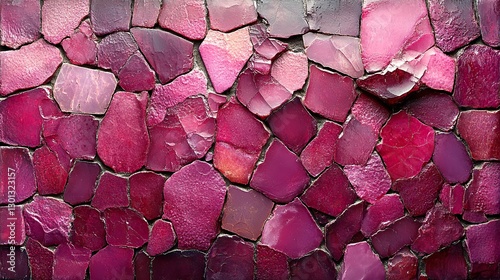 Closeup of a wall with glazed tile fragments in different sizes and shapes, a modern magenta mosaic.