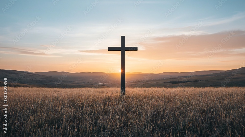 Easter Holiday, Easter Concept, Sunset Silhouette of a Cross in a Golden Field Peaceful Landscape Easter Holiday, Easter Concept, Sunset Silhouette of a Cross in a Golden Field Peaceful Landscape