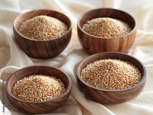 Sesame seeds displayed in four wooden bowls showcasing their golden brown color and nutty aroma photo