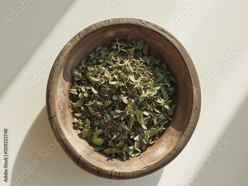 Dried oregano fills a wooden bowl viewed from above