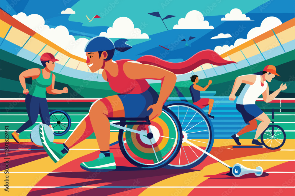 Fototapeta premium Athletes engage in thrilling competition on a colorful track, showcasing paralympic sports spirit and determination, Paralympic athletics Customizable Semi Flat Illustration