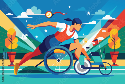 A female athlete powers through a racing track, showcasing her skills in a customizable wheelchair during a competition, Paralympic athletics Customizable Semi Flat Illustration