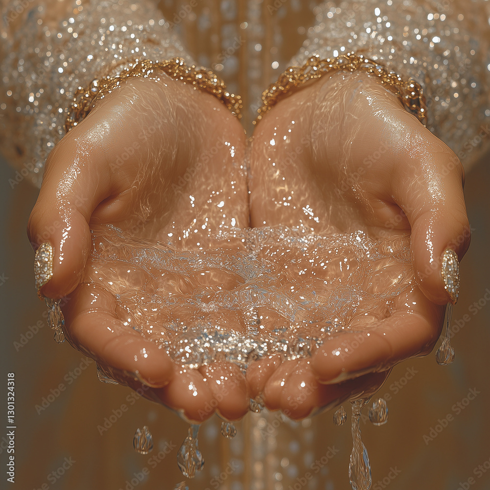 Fototapeta premium luxurious close-up of delicate feminine hands adorned with sparkling jewelry, holding glistening water. The intricate details of droplets and reflections create an opulent and ethereal visual.