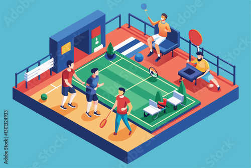 Dynamic representation of athletes playing badminton in a visually engaging isometric style at a sports venue, Paralympic badminton Customizable Isometric Illustration