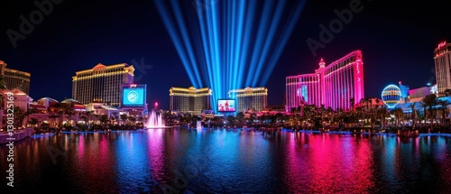 Spectacular Nighttime View of the Las Vegas Strip with Illuminated Hotels and Water Features
