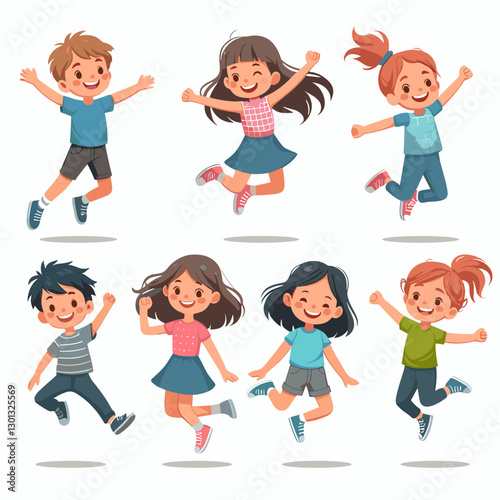 Joyful Children Jumping: Cartoon Illustration