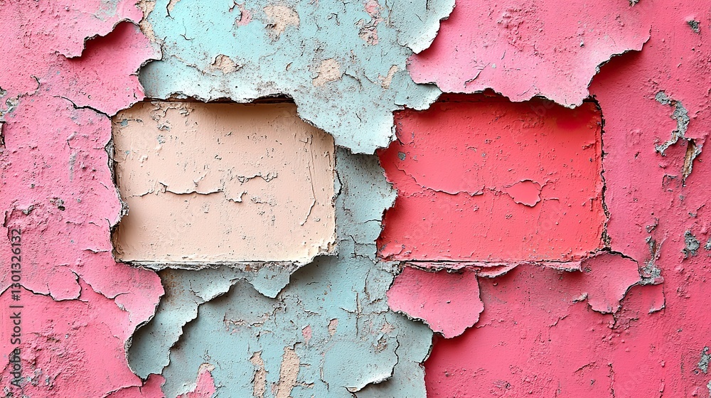 Obraz premium Closeup of colorful pink, coral, and beige painted urban wall texture with two wrinkled glued poster templates. Modern mockup for design presentation. Creative urban city background.