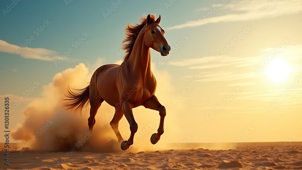 Majestic Running Horse in the Vast Desert Landscape, Galloping with Grace Across the Golden Sands Under the Clear Blue Sky. Majestic Running Horse in the Vast Desert Landscape, Galloping with Grace Across the Golden Sands Under the Clear Blue Sky.
