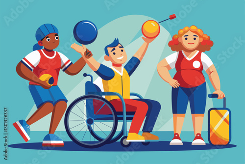 Three athletes participate in a boccia game, showcasing customizable equipment for inclusive play, Paralympic boccia Customizable Disproportionate Illustration