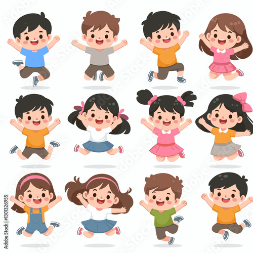 Cheerful Cartoon Children Jumping with Joy