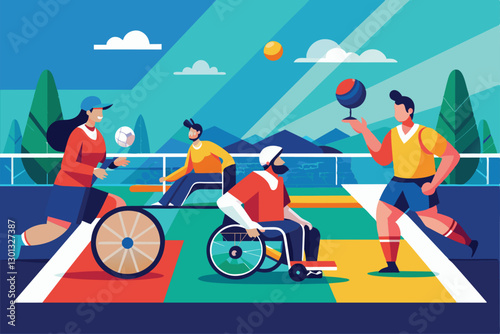 Athletes with disabilities compete in paralympic boccia, showcasing skill and teamwork on a colorful court, Paralympic boccia Customizable Semi Flat Illustration