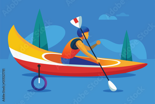 A determined athlete navigates a vibrant, adaptive canoe on a calm lake surrounded by trees, Paralympic canoe Customizable Disproportionate Illustration