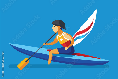 An athlete paddles a customizable flat kayak in a vibrant setting, showcasing skills and determination, Paralympic canoe Customizable Flat Illustration