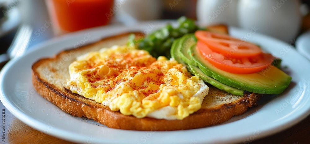 Scrambled eggs, avocado toast, tomato breakfast Scrambled eggs, avocado toast, tomato breakfast