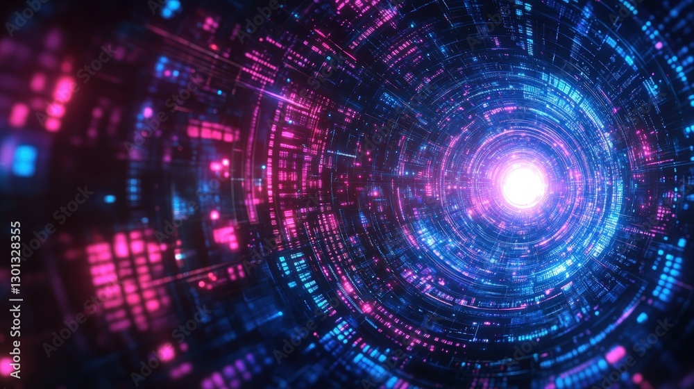 Abstract futuristic tunnel with glowing neon lights, pink and blue colors, and a bright white light at the end. Abstract futuristic tunnel with glowing neon lights, pink and blue colors, and a bright white light at the end.