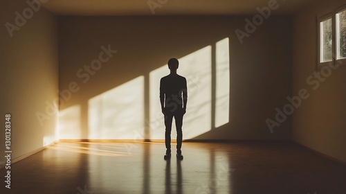 Silhouetted person in empty room, sunlight streaming through window, interior design concept