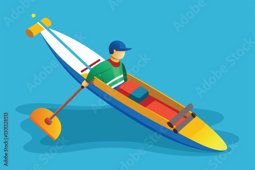 A paddler in a customizable canoe navigates through calm blue waters, showcasing adaptive sports, Paralympic canoe Customizable Semi Flat Illustration
