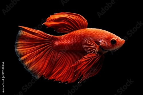 A vibrant red Siamese fighting fish with flowing fins, isolated against a black background. photo