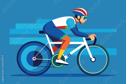 A cyclist with a customized bike speeds through a stylized blue background, showcasing paralympic spirit, Paralympic cycling Customizable Semi Flat Illustration