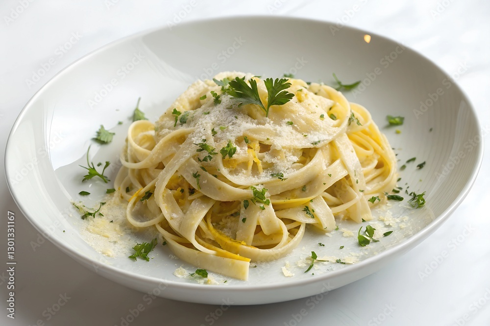 Creamy Fettuccine Alfredo with Lemon Zest Garnish. Close-up of creamy fettuccine alfredo pasta topped with grated cheese, lemon zest, and fresh parsley on a white plate Creamy Fettuccine Alfredo with Lemon Zest Garnish. Close-up of creamy fettuccine alfredo pasta topped with grated cheese, lemon zest, and fresh parsley on a white plate