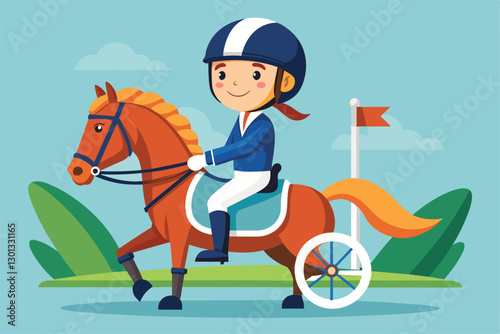 A cheerful cartoon equestrian with a helmet rides a horse equipped for paralympic competition in nature, Paralympic equestrian Customizable Cartoon Illustration