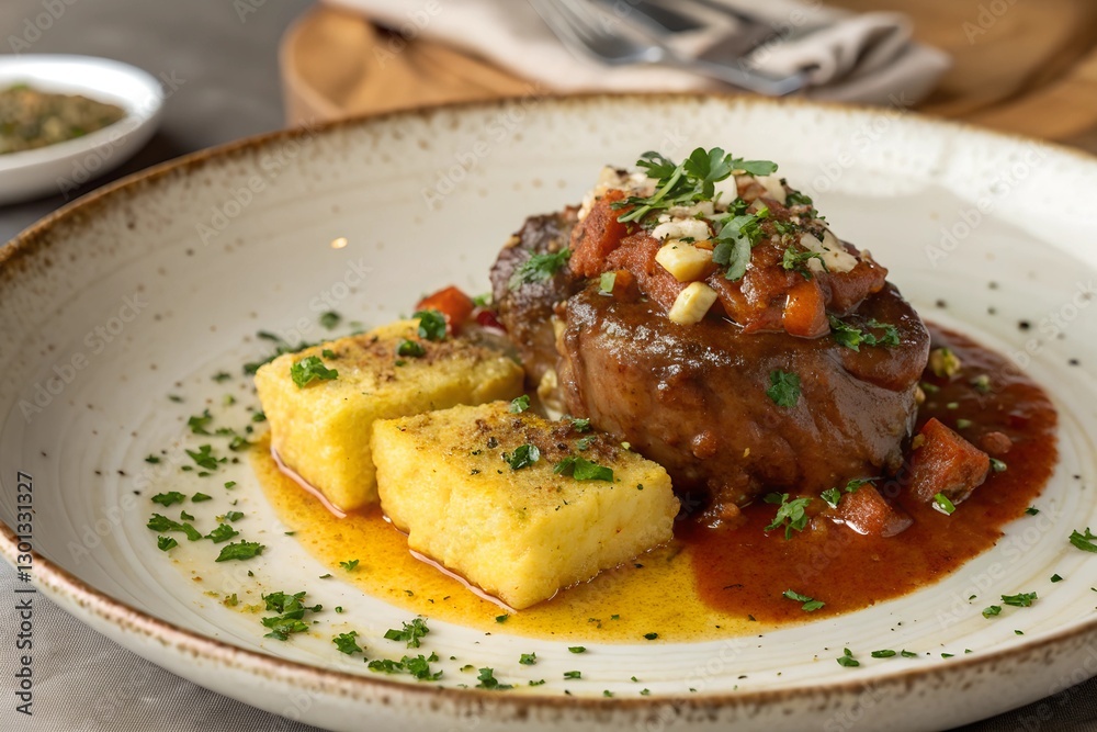 Braised osso buco with polenta and herb. Tender braised osso buco in a rich tomato sauce, served with golden polenta squares and garnished with fresh herbs and cheese Braised osso buco with polenta and herb. Tender braised osso buco in a rich tomato sauce, served with golden polenta squares and garnished with fresh herbs and cheese