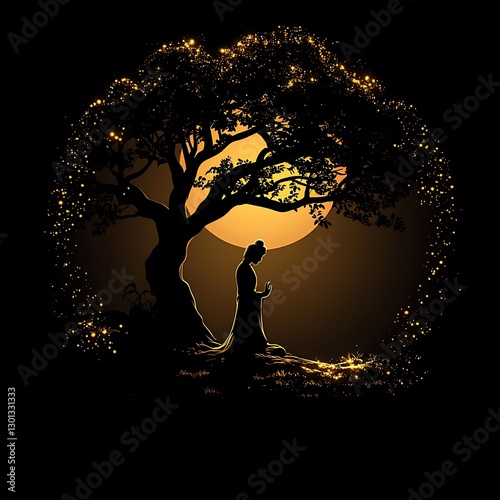 Moonlit Night, Woman Praying, Tree Silhouette