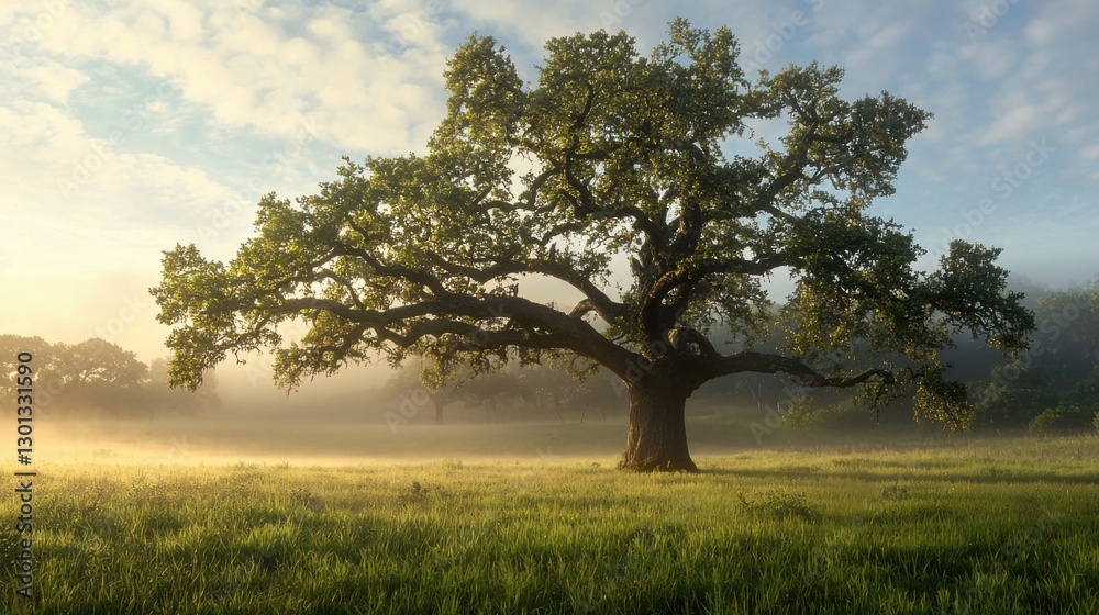 A giant oak tree standing in the misty morning casting shadows over the dewey pasture A giant oak tree standing in the misty morning casting shadows over the dewey pasture