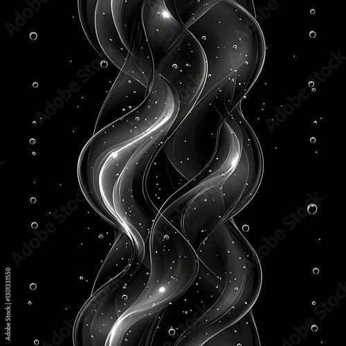 Flowing liquid with bubbles on black background