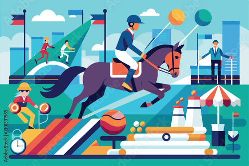 An athlete competes in equestrian events showcasing skill and determination in a bright environment, Paralympic equestrian Customizable Flat Illustration