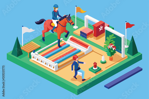 A colorful equestrian arena showcases a rider on a horse navigating obstacles while a trainer guides, Paralympic equestrian Customizable Isometric Illustration