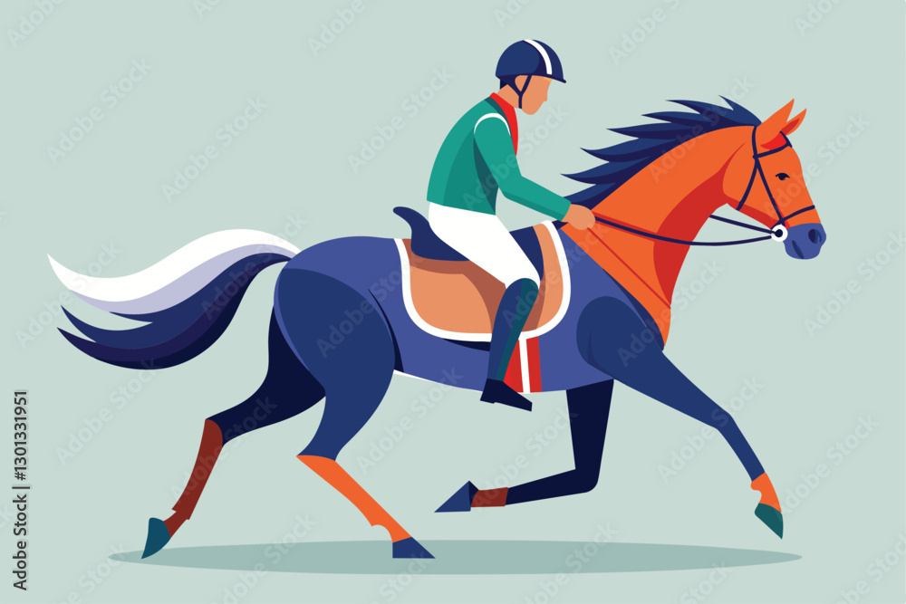 A dynamic equestrian rider in action on a striking horse, capturing the spirit of paralympic competition, Paralympic equestrian Customizable Semi Flat Illustration A dynamic equestrian rider in action on a striking horse, capturing the spirit of paralympic competition, Paralympic equestrian Customizable Semi Flat Illustration