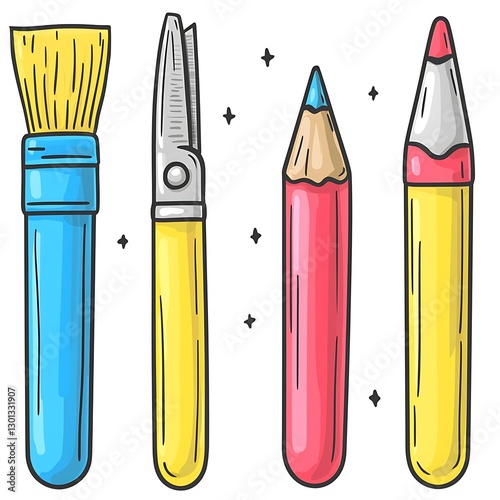 Art Supplies tools in studio drawing flat