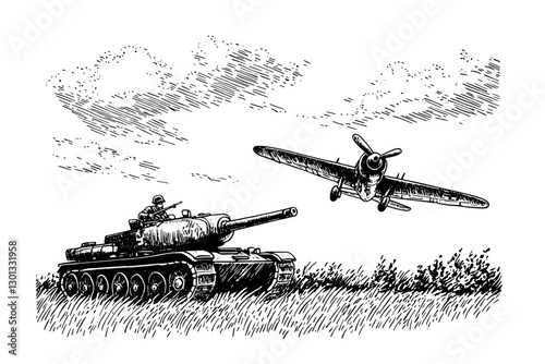 Vector engraved illustration depicting a tank and a plane in a dynamic military confrontation scene