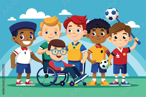 A group of children, including a boy in a wheelchair, enjoys playing football together and smiles joyfully, Paralympic football 5-a-side Customizable Cartoon Illustration