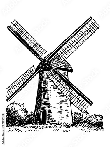 Detailed vector engraved illustration of a traditional windmill surrounded by grass and trees for product design projects