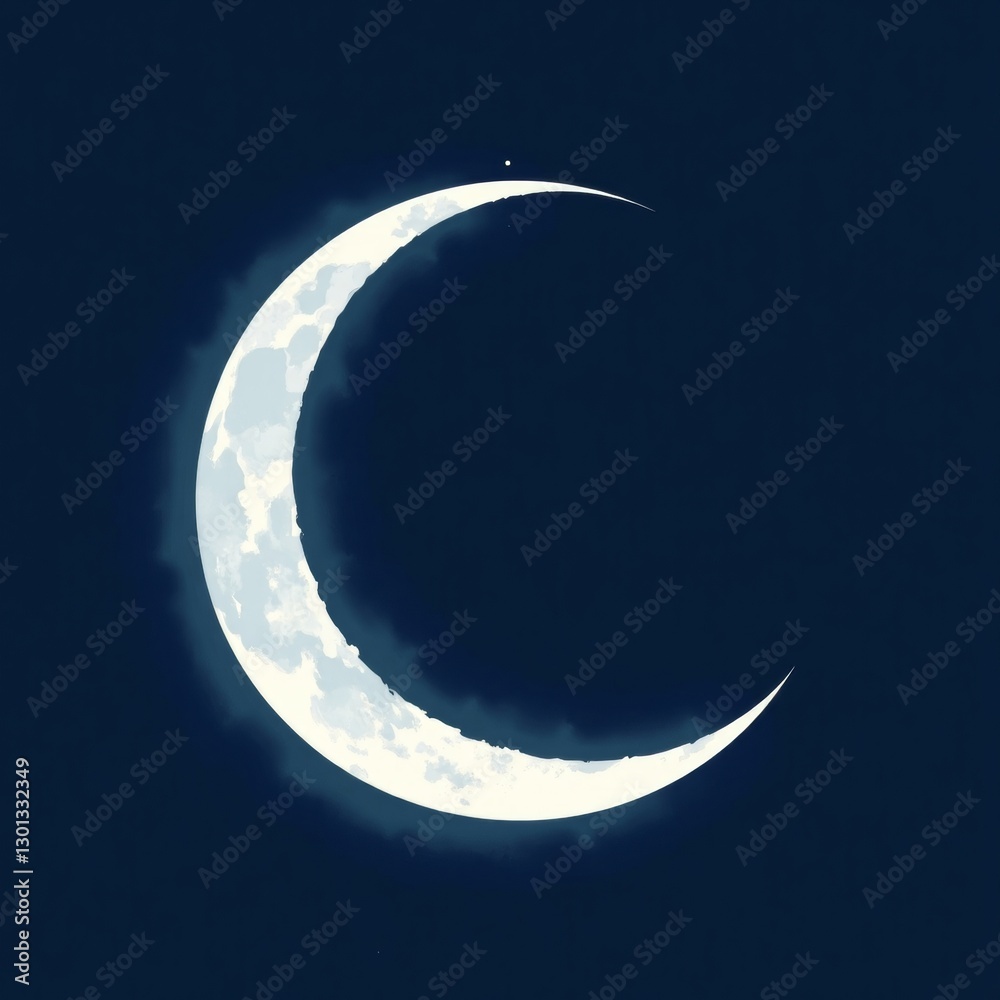 Minimalist Silver Crescent Moon Illustration with Deep Blue Sky, Copy Space for Text Minimalist Silver Crescent Moon Illustration with Deep Blue Sky, Copy Space for Text