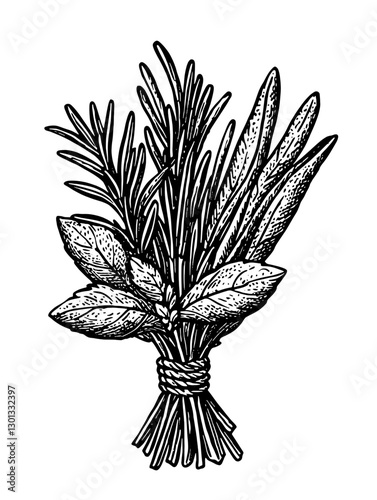 Vector engraved illustration of a bunch of fresh herbs with detailed leaves and stems for culinary design