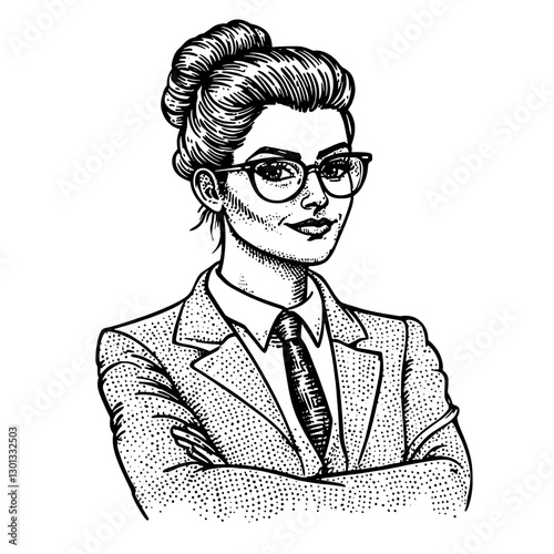 Vector engraved illustration of a confident businesswoman in a professional suit with glasses