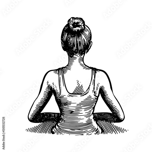 Vector engraved illustration of a woman sitting with her back to the viewer in a serene setting
